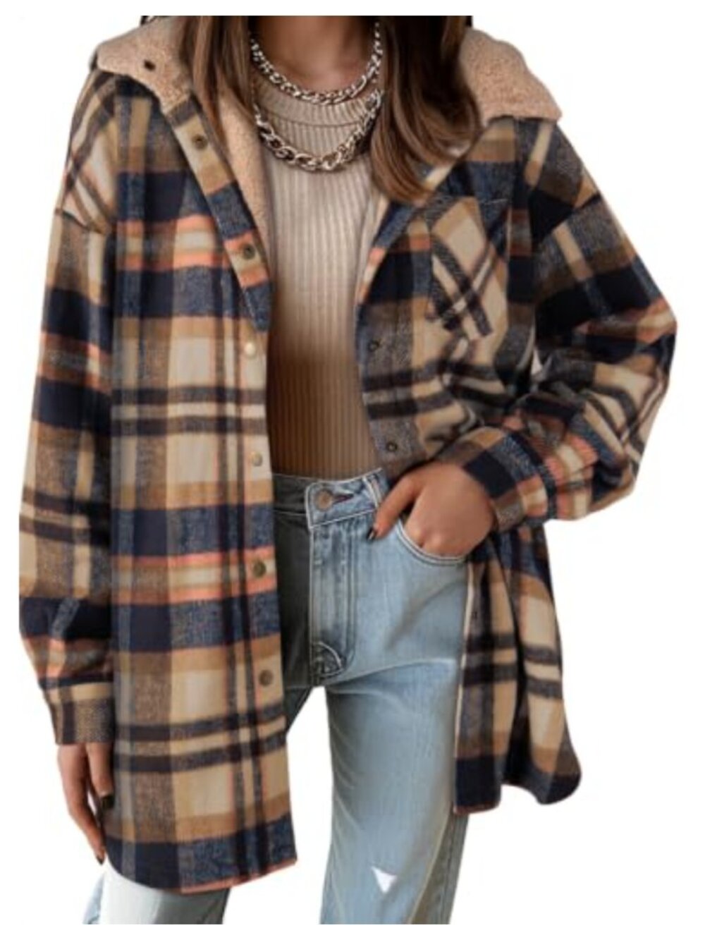 Flannel Hooded Plaid Shacket Loose Fit Button Down Oversized Jacket